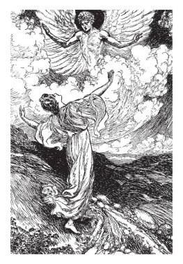 Kral kızı, bu sahneyi bir erkek dağ ve bir melek bulutlar, vintage çizgi çizme veya oyma illüstrasyon bakarak gösterir
