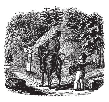 Bir adam ata binme ve küçük çocuk, vintage çizgi çizme veya oyma illüstrasyon doğru geri arıyorsunuz