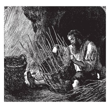 Robinson making baskets, this scene shows an old man making baskets, vintage line drawing or engraving illustration clipart