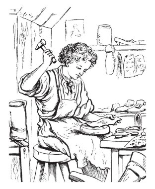 Bu resimde bir adam ayakkabı, vintage çizgi çizme veya oyma illüstrasyon yapmak temsil eder..