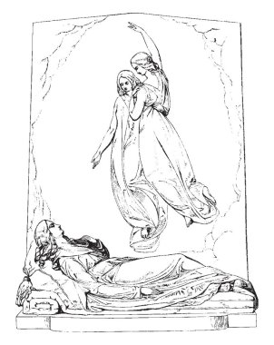 Heykel var dinlenmek için bir kadın koydu ve onu son dünyevi görüntü kim onu karşılama ruhları, vintage satır çizim veya gravür illüstrasyon.