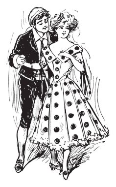 Duran ve tutarak onun el, vintage çizgi çizme veya illüstrasyon oyma takım elbiseli erkek polka dot elbiseli bir kız
