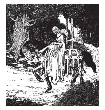 Enid, bu sahneyi orman alanı, vintage çizgi çizme veya oyma illüstrasyon ata binme bir erkek gösterir.