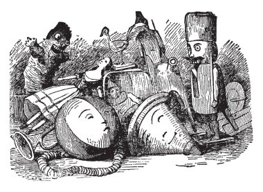 Zemin, vintage çizgi çizme veya oyma illüstrasyon oyuncaklar