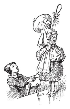 Merdiven üzerinde genç bir çocuk şapka konumu ona yakın olan kız doğru ellerini açtı, o onun yüz eller, vintage çizgi çizme ve gravür illüstrasyon ile kaplı