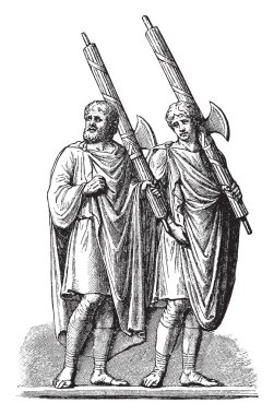 Pelerin giyen ve eller, vintage çizgi çizme veya oyma illüstrasyon fasces tutan iki adam