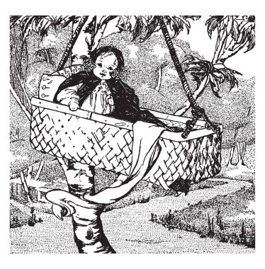 Bir bebek beşiğine ağacı, vintage çizgi çizme veya oyma illüstrasyon üstüne