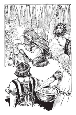 Frost dev prensi büyük Bayramı atar. Çekiç çalıyor ve Freya, çekiç dönmek için güzellik tanrıçası ile evlenmek için pazarlık. Thor Freya giyiyor ve çekiç, vintage çizgi çizme veya oyma illüstrasyon toplar.