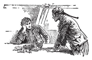 Gulliver ve beyefendi, bu sahne gösterileri iki adam bahsediyorsun, tablo ve başka bir adam onun önünde, minyatür hayvanlar tablo, vintage çizgi çizme veya oyma illüstrasyon ayakta yakınındaki bir adam oturuyor