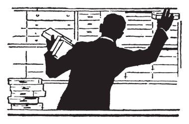 Raflar, vintage çizgi çizme veya oyma illüstrasyon kutuları koyarak bir adam