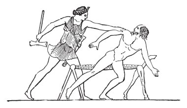 Procrustean yatak, vintage illüstrasyon kazınmış. Antik antika aile-1881, özel hayatı