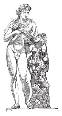Dionysos ve asma bu resimde. Üzümler vaktinden önce hasat, şarap yapımı ve ritüel delilik, tiyatro ve Yunan mitolojisi ve mit, vintage çizgi çizme veya oyma illüstrasyon dini ecstasy şarap tanrısı Dionysos olduğunu.