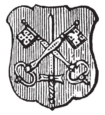 Bir şekil veya başka o, vintage çizgi çizme veya oyma illüstrasyon üzerinden sahip rulman kılıç Surmounted anahtarları tarafından olduğunu.