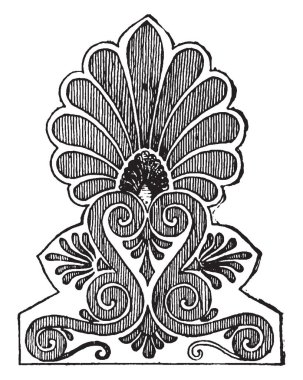 Pişmiş toprak, vintage çizgi çizme veya oyma illüstrasyon tarafından antefix bir boyalı olduğunu.