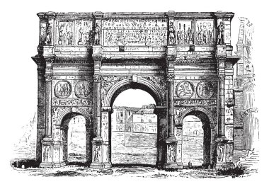 Constantine, kendi ilgi Roma Senatosu Constantine, Maxentius Milvian Köprüsü Savaşı, vintage çizgi çizme veya oyma illüstrasyon üzerinde zafer anısına, heykeller için kemer.