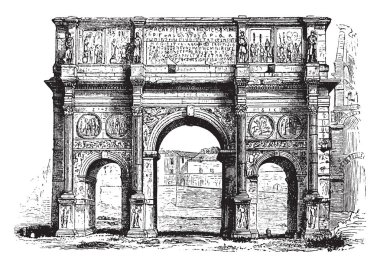 Arch of Constantine,  its interest to its sculptures,  the Roman Senate to commemorate Constantine, victory over Maxentius at the Battle of Milvian Bridge, vintage line drawing or engraving illustration. clipart