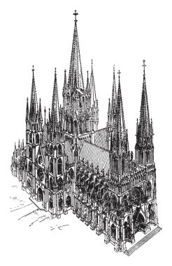 Katedral, sivri kuleleri, kilise, nokta, vintage çizgi çizme veya oyma illüstrasyon.