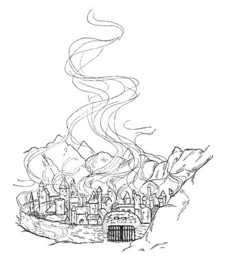 Altın Şehir'in bir örnek Surtur, dev alev ateşe verdim. İskandinav mitolojisinde, bu iyi ve kötü son savaşta olduğunu inanılıyor, vintage hat çizim veya gravür illüstrasyon.