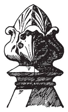 Taş topuzu Finial olduğunu bir İtalyan Gotik tasarım, perdelik, sadece, iç mimar, vintage çizgi çizme veya oyma illüstrasyon satılan metal donanım.