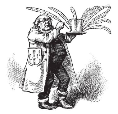 Bir adamla tüylü şapka, vintage çizgi çizme veya oyma illüstrasyon