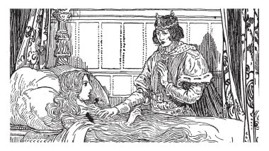 Bir kadın yatakta uyuyan kedi-cilt, bu sahne gösterir ve başka bir erkek onun yanında duran, vintage satır çizim veya gravür illüstrasyon