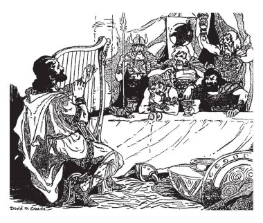 Tablo ve cam elinde tutan ve arkasından, ARP onların önünde oynayan bir adam ayakta askerler yakınında oturan Kral, vintage satır çizim veya illüstrasyon oyma