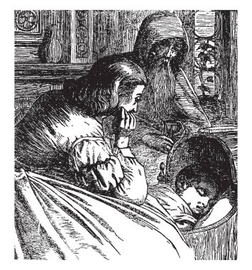 Bir bebek uyuyor ve bebeğim, vintage çizgi çizme bakarak veya illüstrasyon oyma iki kişi