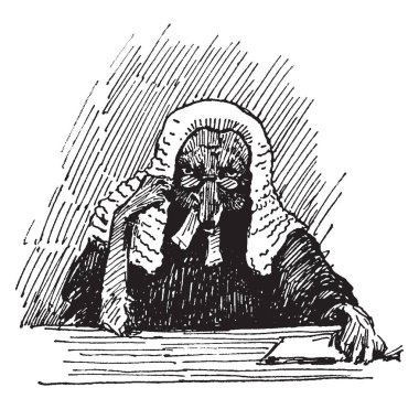 Mahkemede yargıç fox elbise, tilki peruk kafa ve gözlük, vintage çizgi çizme veya oyma illüstrasyon vardır