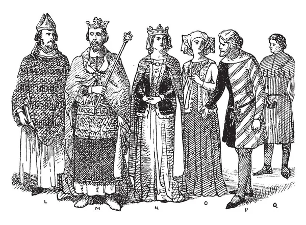 英格兰贵族第十四世纪时尚 国王与他的贵族和主教穿着缀饰服装典型的中世纪时期 复古线条画或雕刻插图 — 图库矢量图片