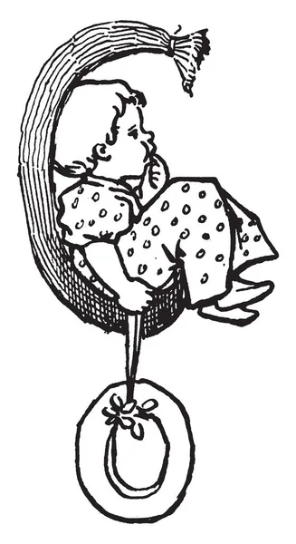 Uma Letra Maiúscula Com Bebê Desenho Linha Vintage Gravura Ilustração — Vetor de Stock