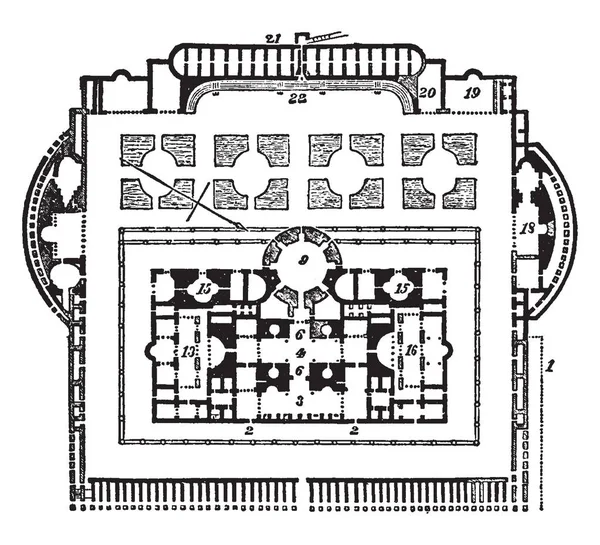 Alaprajz Római Fürdő Császár Caracalla Vintage Vonalas Rajz Vagy Metszet — Stock Vector