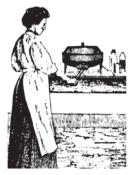 Illustration Represents Whirling Milk Woman Whirling Samples Milk Vintage Line — Stock Vector