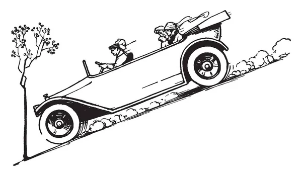 Antikes Automobil Auf Steilem Hügel Dem Vier Personen Einem Altmodischen — Stockvektor
