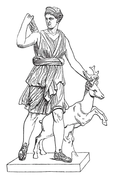 미스의 초상화 화살표 빈티지 그림에 사슴와 손으로 그녀의 사냥의 여신이입니다 — 스톡 벡터