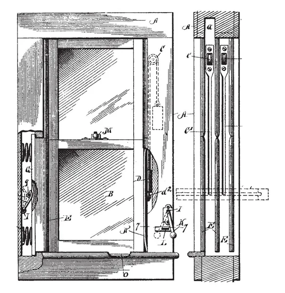 開き窓の窓はスイング ヒンジのサッシュおよび外側左に開くまたは右上 下外側を提供するようにドア ビンテージの線描画や彫刻イラスト — ストックベクタ