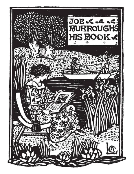 Joe Buroughs Bookplate Celia Levetus Libro Illustratore Inglese Fiume Frontespizio — Vettoriale Stock
