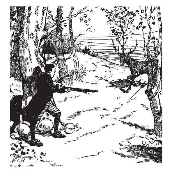 Барон Мюнхгаузен, эта сцена показывает человека, стреляющего в животное, стоящее перед ним, рисунок винтажной линии или гравировку
