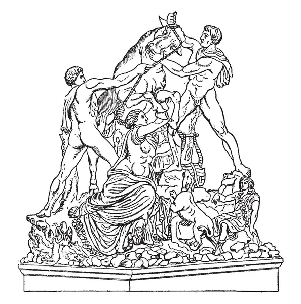 Этом Изображении Статуя Человека Быка Человек Управляют Быком Винтажный Рисунок — стоковый вектор