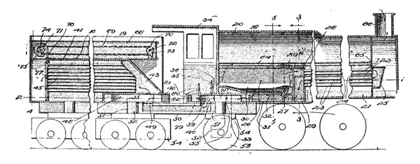 机车列车是由一个或多个机车拉动或推送的一系列连接铁路车辆 复古线条画或雕刻插图 — 图库矢量图片