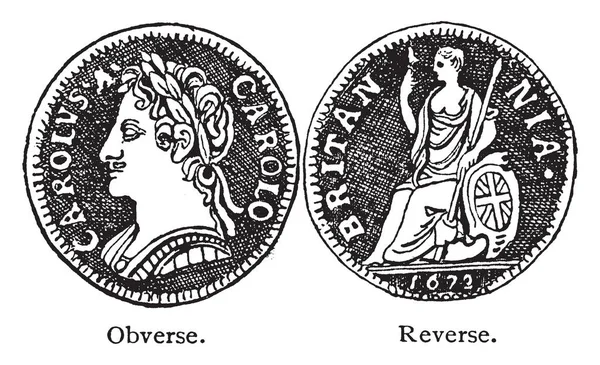 Obverse Reverse Sides Farthing Charles Английская Монета Равная Четверти Пенни — стоковый вектор