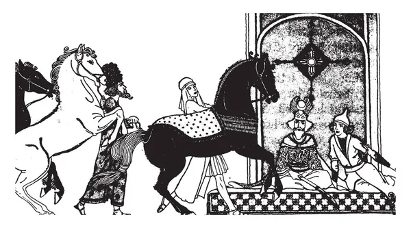 ロスタムの話このシーンはマットレス 黒い馬と 人の男性 ビンテージの線描画や彫刻イラストに向かって白い馬で歩く人間と歩く一人の女性に座っている 人の男性を示しています — ストックベクタ
