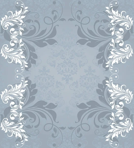 華やかなエレガントなレトロな抽象的な花柄 白と灰色の花テキスト ラベルと青灰色の背景に葉とビンテージの招待状 ベクトル図 — ストックベクタ