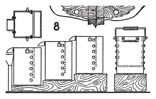 此图表示黄金开采中的氯化过程采用大型桶或旋转桶 复古线条绘制或雕刻插图 — 图库矢量图片