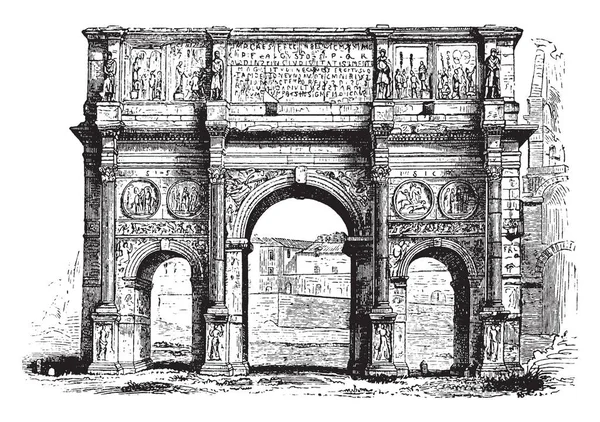 君士坦丁拱门 其雕塑的兴趣 罗马参议院纪念君士坦丁 战胜马克森提乌斯在米欧维安桥大桥战役 复古线条画或雕刻插图 — 图库矢量图片