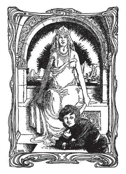 雪の女王 このシーンは 女性の身に着けている王冠を示しています 椅子に座って見て女王と少年のような彼女の足 ビンテージの線の描画や彫刻イラスト — ストックベクタ