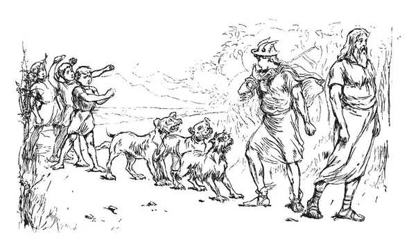 Lanzador Milagroso Esta Escena Muestra Dos Hombres Caminando Tres Perros — Archivo Imágenes Vectoriales