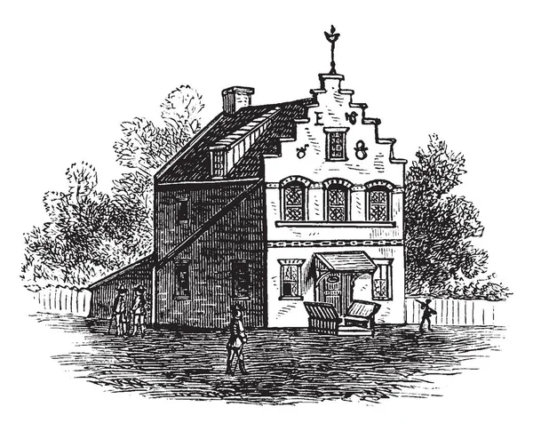 这张图片说明了荷兰的房子 它在房子的巅峰处有一个鸟的结构 屋顶上有烟囱 线条画或雕刻插图 — 图库矢量图片