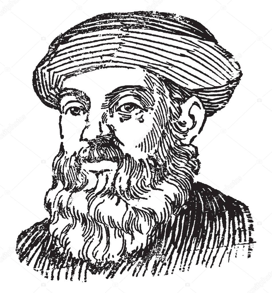 Ferdinand Magellan, c. 1480-1521, he was a Portuguese explorer who organised the Spanish expedition to the East Indies from 1519 to 1522, vintage line drawing or engraving illustration