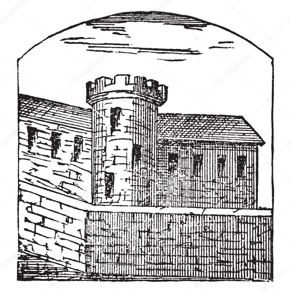 This is the exterior view of a very large prison where criminals are kept, vintage line drawing or engraving illustration.