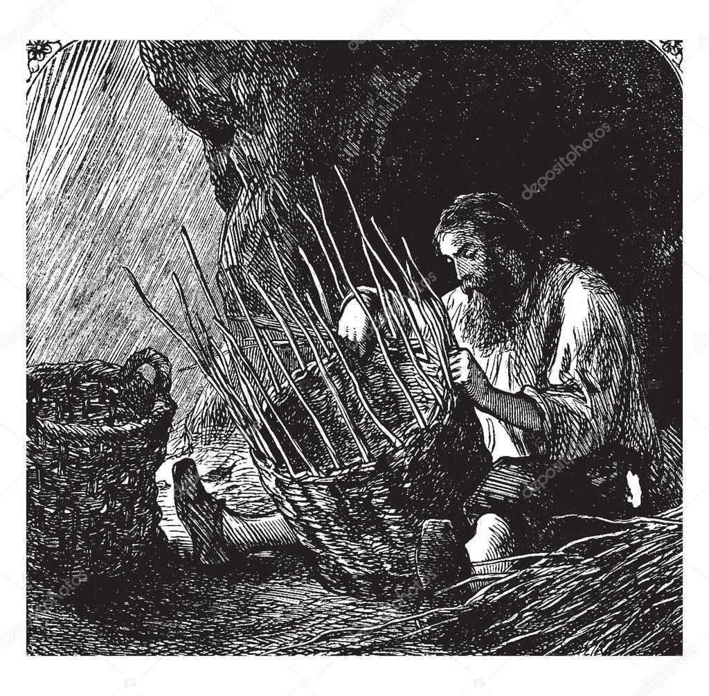Robinson making baskets, this scene shows an old man making baskets, vintage line drawing or engraving illustration